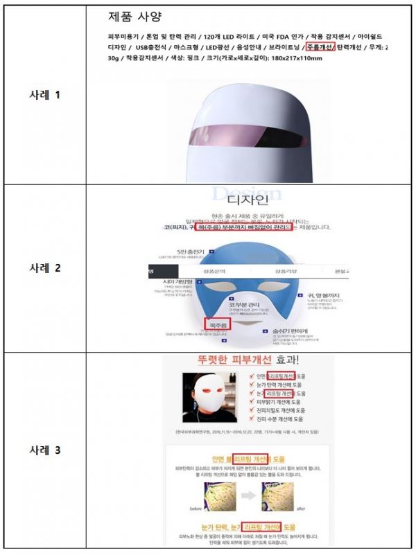 LED 마스크 광고 위반 사례. 식약처 제공