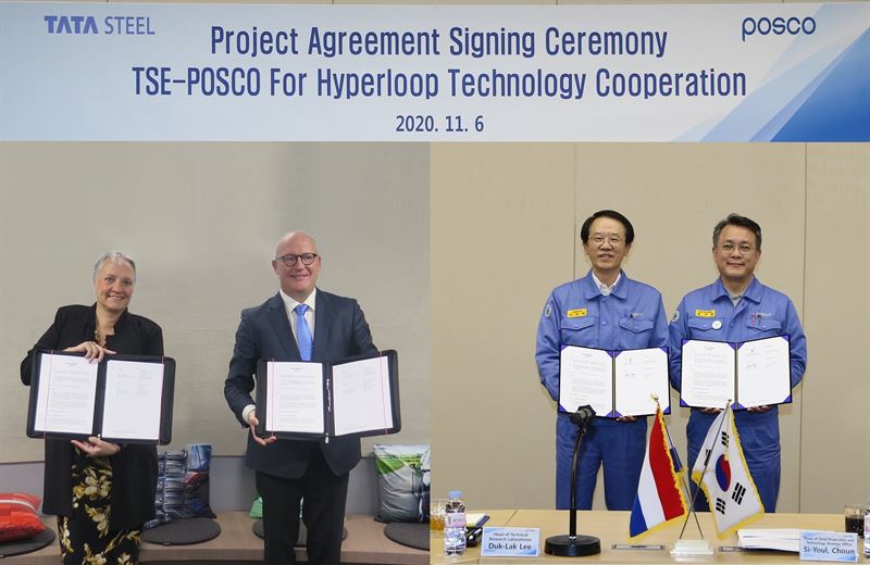  지난 6일 온라인으로 진행된 하이퍼루프 협약식에는 타타스틸 유럽 CTO 에른스트 호흐네스(Ernst Hoogenes) 와 포스코 이덕락 기술연구원장 등이 참석했다./사진=포스코