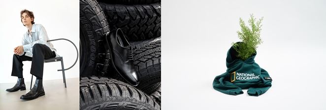 한국타이어X야세, 폐타이어 리사이클 슈즈 프로젝트(왼쪽)와 효성 리젠서울을 사용한 내셔널지오그래픽의 후드티셔츠. 각사 제공