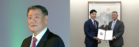 정몽구 현대차그룹 명예회장(왼쪽), 정의선 회장이 기부금 약정서에 서명한 뒤 고려중앙학원 김재호 이사장과 촬영한 기념 사진. 현대차그룹 제공