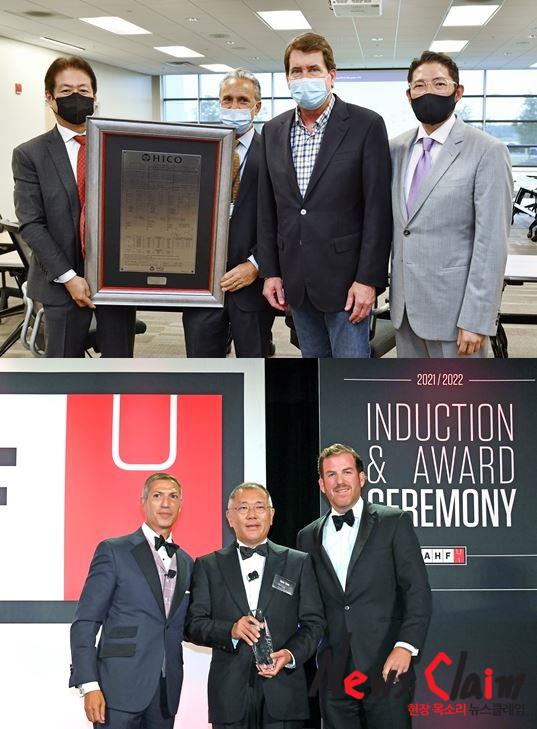 효성 조현준 회장이 효성중공업 테네시주 멤피스 공장에서 빌 해거티 미 상원의원과 만나 상호 협력 방안을 논의했다.(위) 지난 7월 22일 미국 디트로이트에서 현대차그룹 정의선 회장이 정몽구 명예회장 헌액 기념패를 들고 있다. 각사 제공