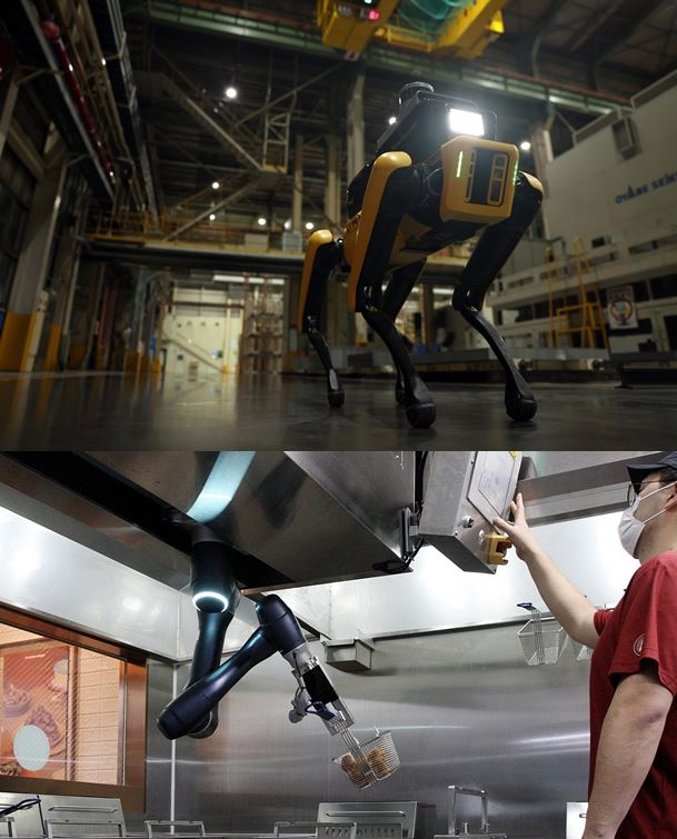 현대차-보스턴다이내믹스 공장 안전 서비스 로봇(위), 교촌치킨 협동로봇. 각사 제공