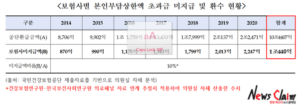보험사별 본인부담상한액 초과금 미지급 및 환수 현황. 이정문 의원실 제공