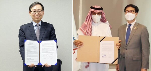 문재도 H2KOREA 회장(좌측)과 모하메드 아부나얀 사우디 아크와 파워 회장(우측사진 왼쪽)이 화상으로 진행된 업무협약 체결 후 기념촬영을 하고 있다. H2KOREA 제공