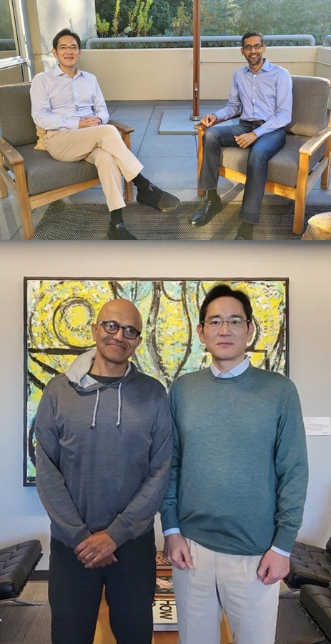 이재용 부회장, 구글 순다르 피차이 CEO 미팅(위) 마이크로소프트 사티아 나델라 CEO 미팅. 삼성전자 제공