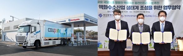 쿠팡 수소화물차(왼쪽) 효성중공업 부산 액화수소산업 생태계 조성 업무협약. 각사 제공