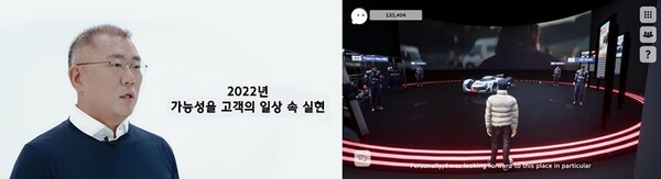 정의선 회장(왼쪽)과 메타버스 신년회 모습. 현대차그룹 제공
