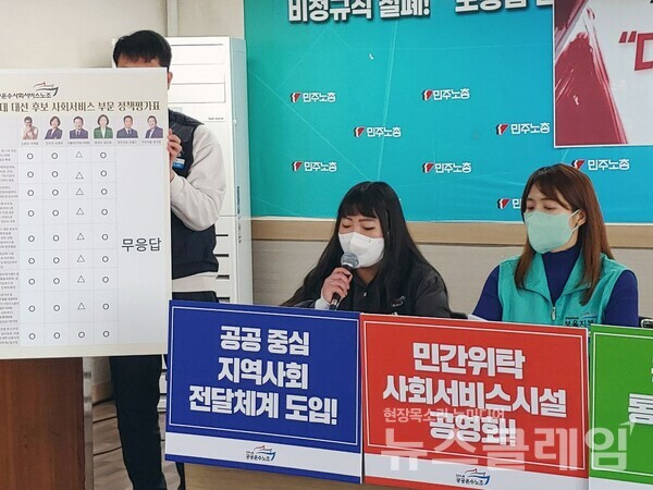 9일 오전 서울 중구 민조노총 대회의실에서 열린 ‘2022년 대통령 선거 사회서비스 부문 정책 요구안 및 대통령 후보 정책질의서 결과발표 기자회견’. 사진=공공운수노조