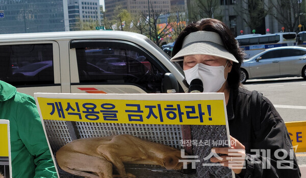 한국동물보호연합 등이 11일 오전 서울 종로구 통의동 대통령직인수위원회 앞에서 윤석열 대통령 당선인의 ‘개 식용 금지’ 공약 실천을 촉구하는 기자회견을 진행했다. 사진=김동길 기자