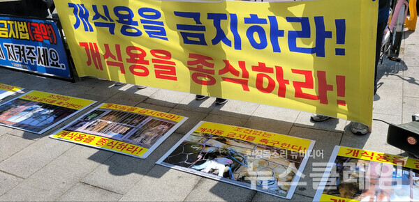 한국동물보호연합 등이 11일 오전 서울 종로구 통의동 대통령직인수위원회 앞에서 윤석열 대통령 당선인의 ‘개 식용 금지’ 공약 실천을 촉구하는 기자회견을 진행했다. 사진=김동길 기자