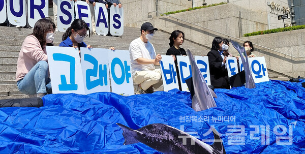 3일 오전 서울 광화문 세종문화회관 앞에서 진행된 ‘전국 6곳 수족관 22마리 고래 바다방류 촉구 캠페인 및 기자회견’. 사진=김서윤 기자