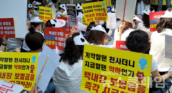 13일 오전 서울 여의도 금융감독원 앞에서 열린 ‘백내장 미지급 보험금 즉각 지급 촉구 기자회견’. 사진=김동길 기자