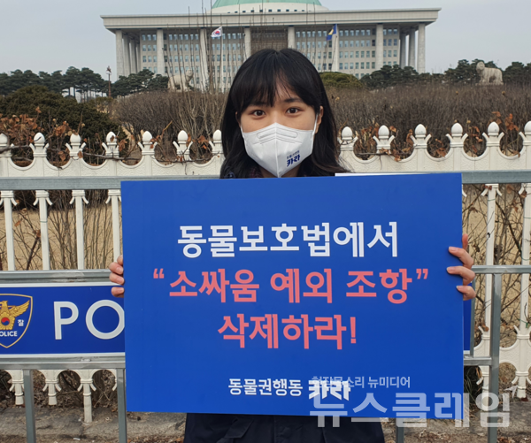 동물자유연대, 동물권행동 카라 등이 13일 오전 서울 여의도 국회 앞에서 기자회견을 열고 동물보호법 8조 소싸움 예외조항 사제 등을 촉구했다. 사진=동물권행동 카라