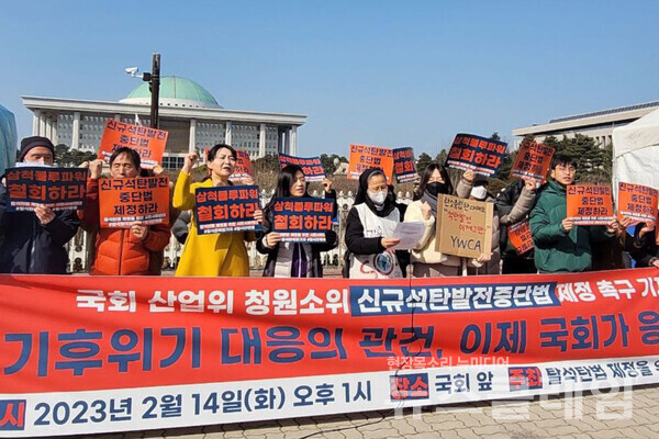 14일 오후 서울 여의도 국회 앞에서 열린 '국회 산업위 청원소위 신규석탄발전중단법 제정 촉구 기자회견'. 사진=녹색당