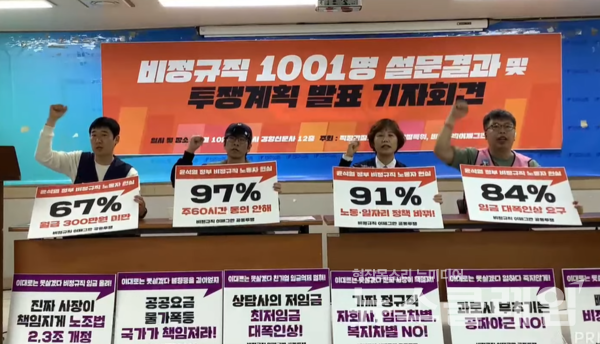 10일 오후 민주노총 중회의실에서 열린 '비정규직 1001명 설문결과 및 투쟁계획 발표 기자회견'. 사진=직장갑질119
