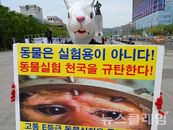 24일 오후 서울 광화문 이순신동상 앞에서 진행된 '동물시험 중단 촉구' 기자회견. 사진=한국동물보호연합