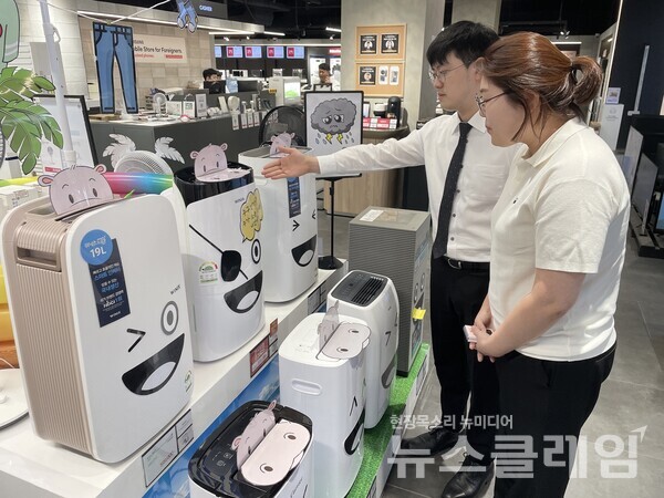 전자랜드 타이푼에서 전문상담사가 제습기를 고객에게 설명하고 있다. 사진=전자랜드