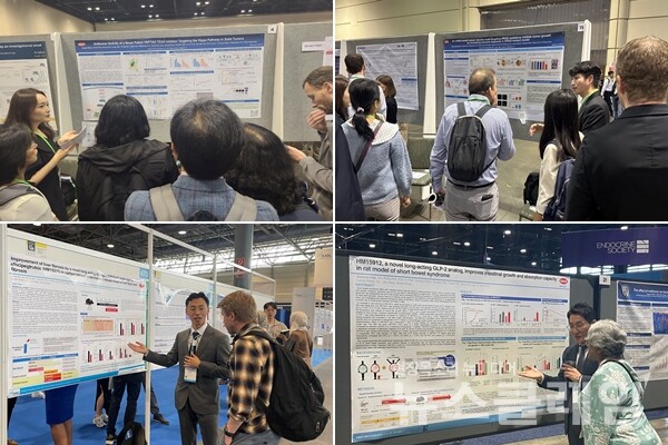 한미약품 R&D센터 연구원들이 올해 상반기에 열린 미국암연구학회(AACR∙위 두 사진), 유럽간학회(EASL∙왼쪽 아래), 세계내분비학회(ENDO∙오른쪽 아래) 등 주요 해외 학회에서 포스터 발표를 하고 있다. 사진=한미약품