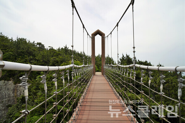 약 2km의 숲길을 두 시간 가까이 걸어 도로에 나오니 첫 출렁다리까지 0.45km라는 표지판이 보인다. 이날 매우 더워서 걷기를 포기하고 항구로 바로 가려다 그래도 미련이 남아 출렁다리를 찾아갔다. 오근식 객원위원