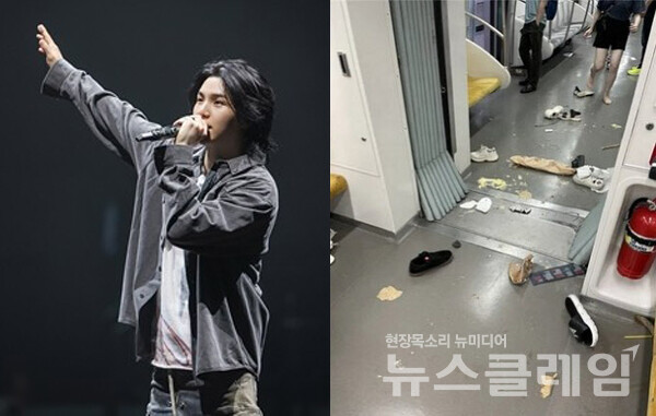 슈가(왼쪽)와 SNS 등을 통해 확산된 지난 6일 오후 서울 지하철 9호선 내에서 발생한 한 승객 대피 소동 당시 모습. 사진=빅히트뮤직·트위터