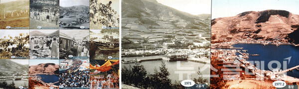 욕지항 뒷골목 한양식당 벽에 욕지도의 과거 사진이 붙어 있었다. 좌측 하단에 71년과 77년에 찍은 사진이 있었는데 50여년 만에 우리의 삶이 얼마나 풍요롭게 바뀌었는지 산의 숲이 보여주고 있었다. 이 식당의 짜장면과 짬뽕이 유명세를 탔는지 코로나19가 거셀 때였는데도 문밖에 20여 명이 넘는 사람들이 입장을 기다리고 있었다. 사진=오근식 객원위원