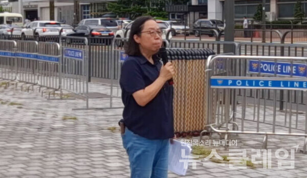 23일 오전 서울 용산 대통령실 앞에서 열린 '이동관 임명 반대 및 언론장악 진상규명 촉구 시민사회단체 공동기자회견'. 사진=민주언론시민연합