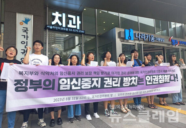 31일 오전 서울 중구 인권위 앞에서 열린 '정부의 임신중지 권리 방치로 인한 인권 침해에 대한 인권위 진정서 제출' 기자회견'. 사진=건강사회를 위한 약사회