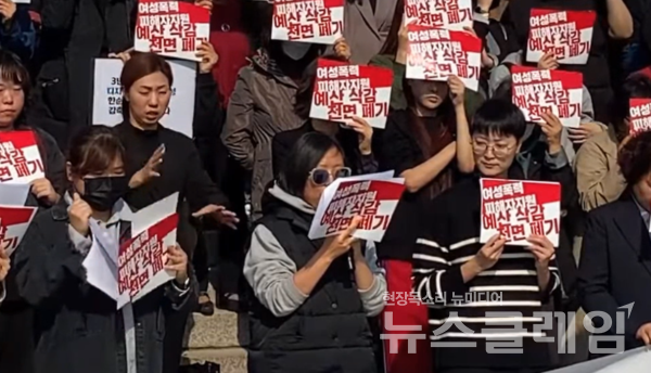 30일 오전 국회 본관 앞 계단에서 열린 '여성폭력 방지 및 피해자 지원 예산 감축 철회 촉구 기자회견'에서 발언 중인 이은주 대전여민회부설 성폭력상담소 다힘 디지털상담팀장. 사진=한국여성의전화