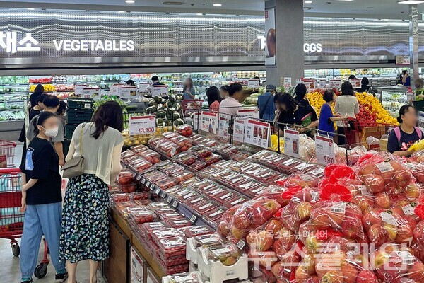 서울시 중구에 위치한 제타플렉스 서울역점 농산 매대에서 상품을 구매하고 있는 고객 모습. 롯데마트 제공