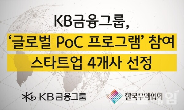 KB금융그룹은 한국무역협회와 함께 해외 진출을 희망하는 국내 스타트업을 지원하기 위해 ‘글로벌 PoC 프로그램’에 참여할 국내 스타트업 4개사를 최종 선정했다고 13일 밝혔다. KB금융그룹 제공
