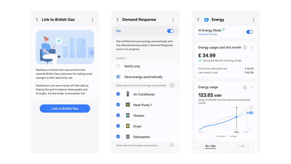 삼성전자 스마트싱스 에너지를 통해 브리티시 가스가 추진하는 수요 반응 서비스(DR, Demand Response)인 '피크 세이브(PeakSave)'를 연동하는 이미지. 삼성전자 제공
