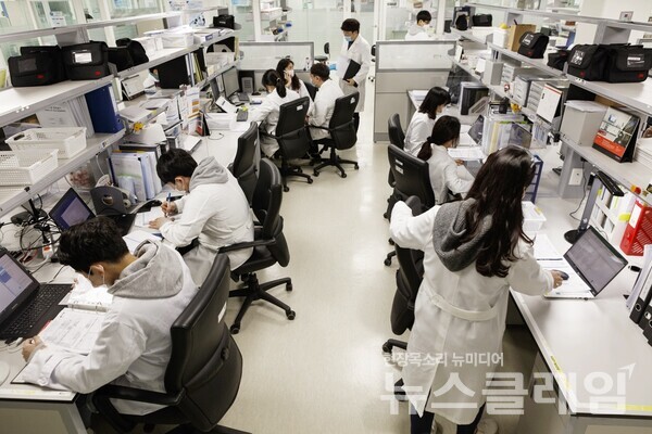 소그룹 토론과 데이터 분석 업무 등을 진행 중인 한미그룹 연구원들. 한미그룹 제공