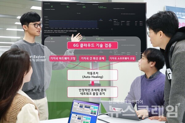LG유플러스 직원들이 6G 클라우드 기술 검증 결과를 확인하고 있다. LG유플러스 제공