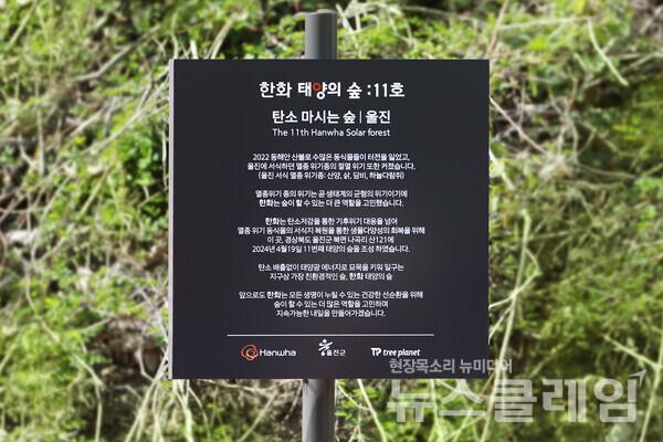 한화 태양의 숲 11호 탄소마시는 숲 울진 현판의 모습. 한화 제공