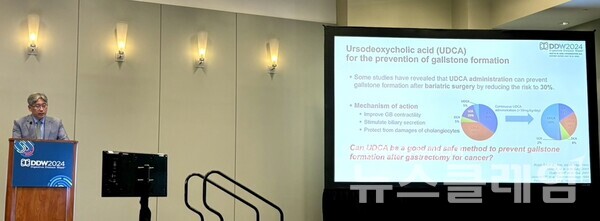 이상협 서울대학교 소화기내과 교수가 2024 DDW에서 UDCA의 장기적 담성 예방 효과 연구 결과를 발표하고 있다. 대웅제약 제공