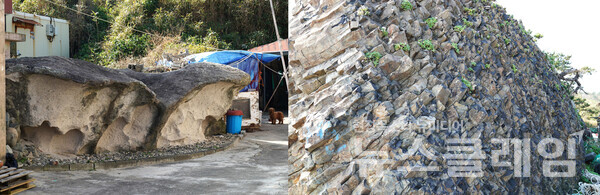 구룡포 가는 길에서 만난 이 바위들도 장기일출암 못지않은 매력과 개성을 보여주고 있다. 어느 집 앞, 길가, 물가에 아무렇지도 않게 버려져 있는 보석이었다. 사진=오근식 객원위원