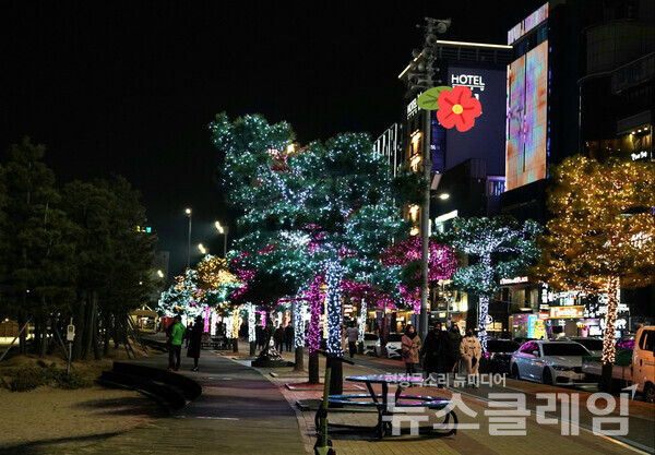 밤이 되자 영일대해수욕장 배후 거리의 건물과 가로수엔 조명이 화려하게 빛을 발했다. 사진=오근식 객원위원
