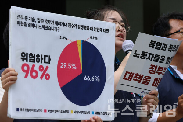 16일 오전 서울고용노동청 앞에서 열린 '기후재난 시기 이동노동자 작업중지권 보장 촉구 및 현장 노동자 실태 발표 기자회견'. 사진=서비스연맹