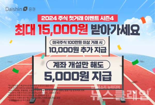대신증권(대표이사 오익근)은 신규로 계좌를 개설하거나 새롭게 미국주식을 거래하는 고객을 대상으로 지원금을 제공하는 ‘2024 주식 첫 거래 이벤트 시즌4’를 진행한다고 5일 밝혔다. 대신증권 제공