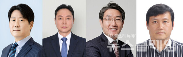 (왼쪽부터)정교선 현대백화점그룹 부회장 겸 현대홈쇼핑 대표이사 회장, 김창섭 현대백화점 영업본부장 부사장, 김성일 현대퓨처넷 대표이사 부사장, 이진원 현대L&C 대표이사(내정) 전무. 현대백화점그룹 제공