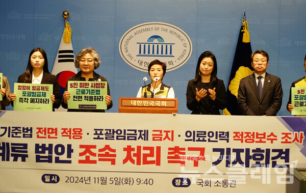 5일 오전 서울 여의도 국회 소통관에서 열린 '의료전문직 노동자의 5인미만 사업장 근로기준법 적용·포괄임금제 금지·적정보수 수준 조사·보장 관련 법안 처리 촉구 기자회견'. 사진=보건의료노조