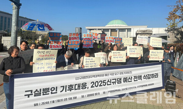 13일 오전 서울 여의도 국회 정문 앞에서 열린 '규댐반대지역대책위와 예산삭감요구 공동기자회견'. 사진=환경운동연합