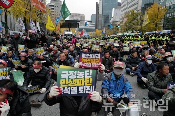 20일 오후 서울 중구 숭례문 앞에서 개최된 '농업파괴 농민말살 윤석열퇴진 전국농민대회·2차 퇴진총궐기'. 사진=최인기 빈민운동가