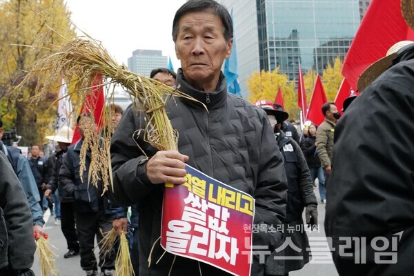 20일 오후 서울 중구 숭례문 앞에서 개최된 '농업파괴 농민말살 윤석열퇴진 전국농민대회·2차 퇴진총궐기'. 사진=최인기 빈민운동가