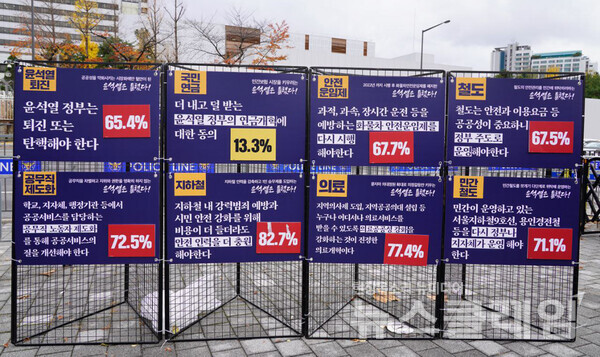 26일 오전 서울 용산 대통령실 앞에서 열린 '공공운수노조 공동파업-공동투쟁 돌입 및 공공성-노동권 국민인식조사 결과 발표 기자회견'. 사진=공공운수노조