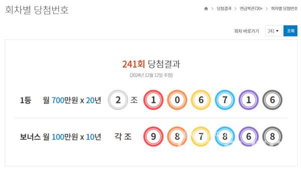 연금복권 720+ 241회 당첨번호. 사진=동행복권