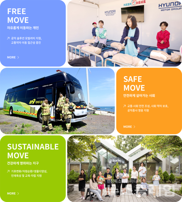 새롭게 오픈한 ‘현대차그룹 CSR 디지털 매거진’ 메인 화면 속 나열된 CSR 3대 중점 영역. 현대자동차그룹 제공