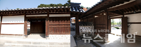 선교장의 여인들이 머무는 안채와 외부를 슬쩍 가려주는 ‘내외담’의 안에서 내다본 보습과 밖에서 들여다본 모습이다. 사진=오근식 객원위원