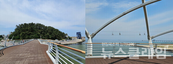 남항진해변에서 강릉 남대천을 건너 죽도봉과 강릉항으로 연결하는 솔바람다리다. 다리와 나란히 자전거 집라인이 설치되어 운영 중이어서 젊은이들의 함성이 끊어지지 않는다. 사진=오근식 객원위원