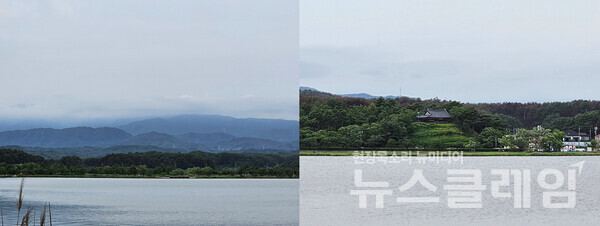 경포호 둘레길에서 시야가 벌어지며 대관령을 품은 산줄기가 장쾌하게 나타난다. 시선을 조금 당기면 호수 건너편 언덕 위의 경포대가 은근하다. 사진=오근식 객원위원